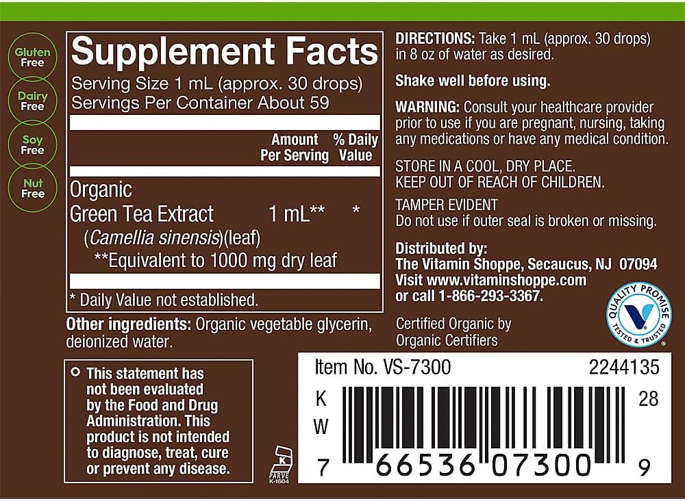 Organic Liquid Green Tea Full Spectrum Cellular Health Support Alcohol-Free 2 fl. oz.