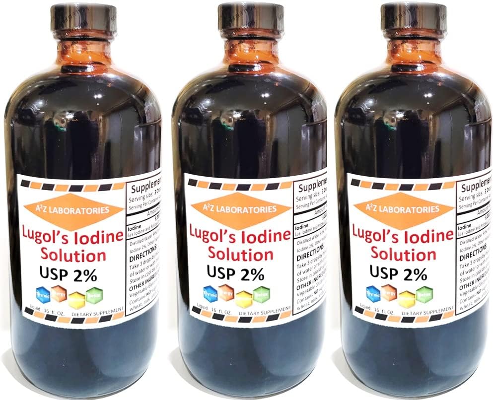 Organic Lugol's Iodine and Potassium Iodide Liquid Supplement Drops - 2% Solution, 3000 mcg - Thyroid Support for Men & Women, Metabolism and Detox Boost - 16 Fl Oz (3 PK) USA Made - Fast Shipping