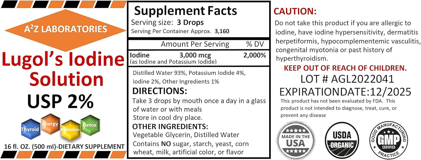 Organic Lugol's Iodine and Potassium Iodide Liquid Supplement Drops - 2% Solution, 3000 mcg - Thyroid Support for Men & Women, Metabolism and Detox Boost - 16 Fl Oz (3 PK) USA Made - Fast Shipping