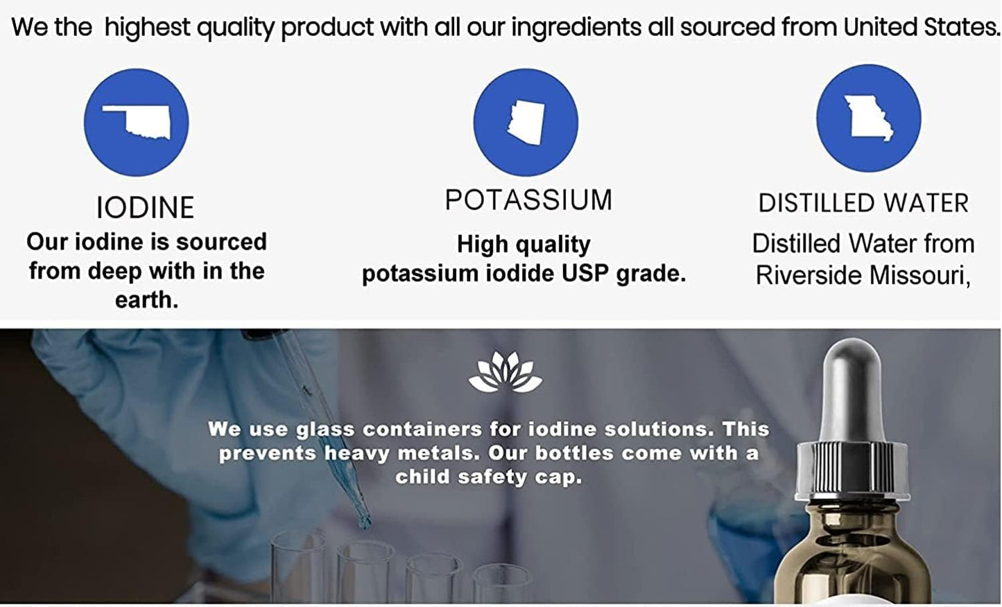 Organic Lugol's Iodine and Potassium Iodide Liquid Supplement Drops - 2% Solution, 3000 mcg - Thyroid Support for Men & Women, Metabolism and Detox Boost - 16 Fl Oz (3 PK) USA Made - Fast Shipping