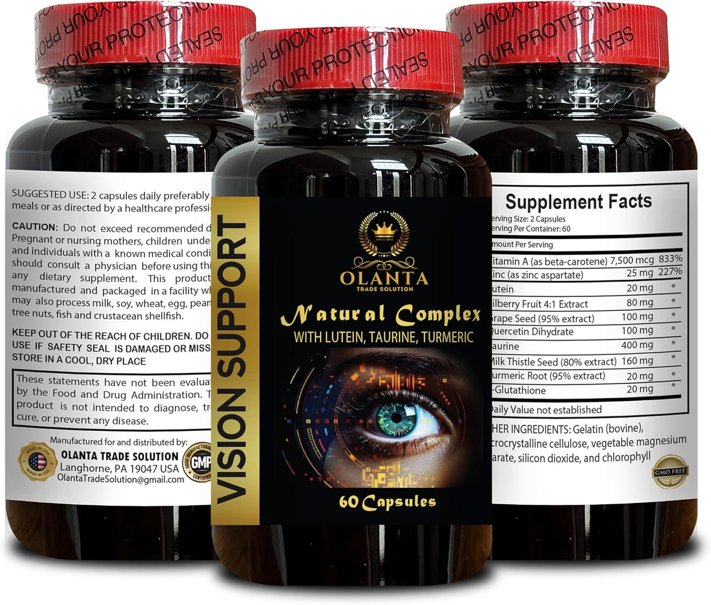 Organic Lutein Complex for Vision Support - Eye Vitamin & Mineral Supplement with Taurine and Milk Thistle Extract - 1 Bottle