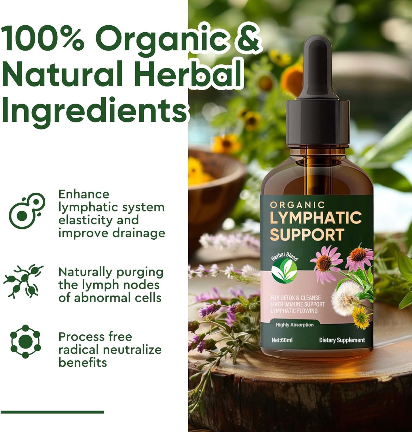 Organic Lymphatic Drainage Drops with Echinacea & Red Clover Extract - Vegan, Alcohol and Sugar-Free (30 Servings)