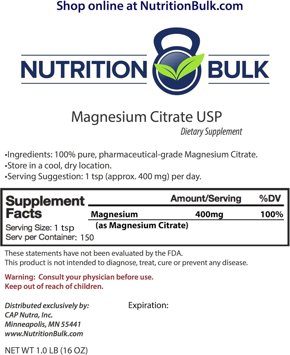Organic Magnesium Citrate Powder - Non-GMO, Vegan, Gluten-Free, Soy-Free, Keto Friendly with No Fillers - Natural Laxative and Relaxation Aid - 16 oz
