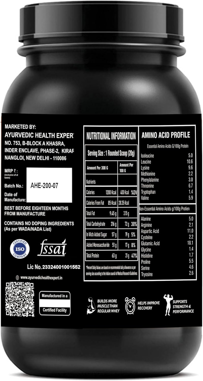 Organic Mango Flavored GH Whey Protein for Lean Muscle Growth & Fast Recovery - Ayurvedic Health Expert Real Mass Gainer (1.1lbs)