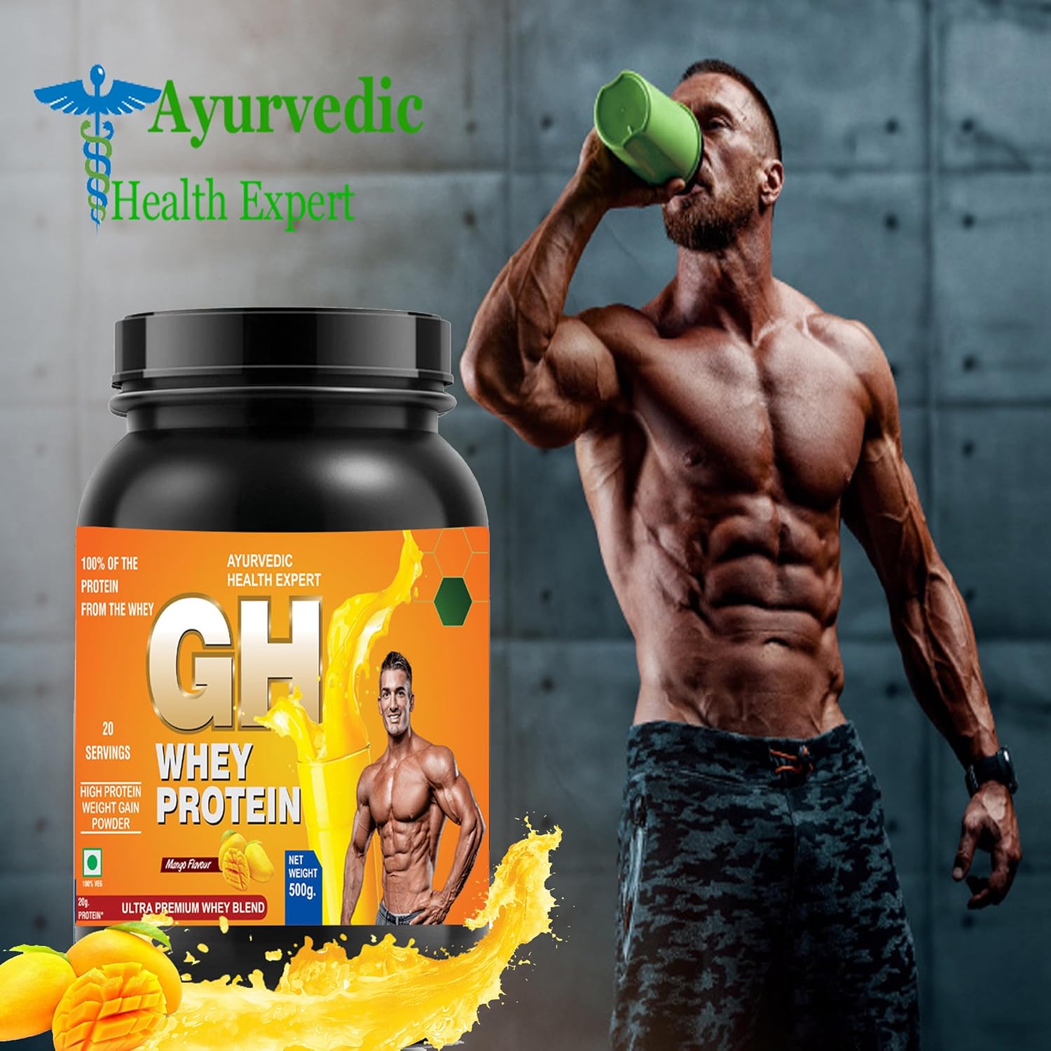 Organic Mango Flavored GH Whey Protein for Lean Muscle Growth & Fast Recovery - Ayurvedic Health Expert Real Mass Gainer (1.1lbs)