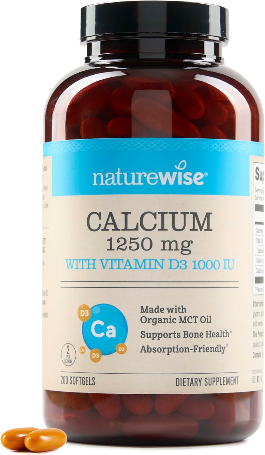 Organic MCT Coconut Oil Calcium 1250mg & Vitamin D3 1000IU Softgels - Bone Health and Immune Support - Non-GMO & Gluten Free - 200 Softgels