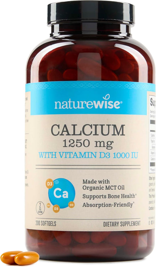 Organic MCT Coconut Oil Calcium 1250mg & Vitamin D3 1000IU Softgels - Bone Health and Immune Support - Non-GMO & Gluten Free - 200 Softgels