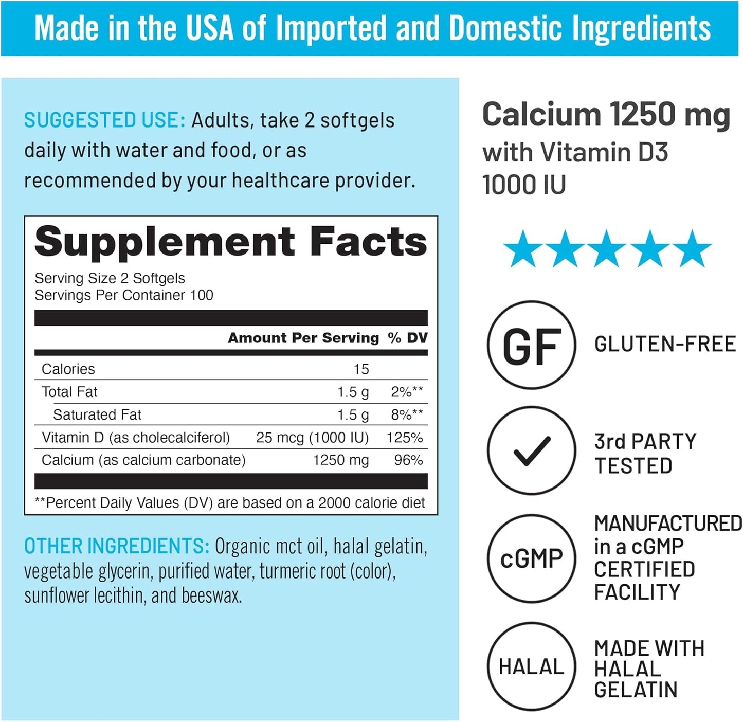 Organic MCT Coconut Oil Calcium 1250mg & Vitamin D3 1000IU Softgels - Bone Health and Immune Support - Non-GMO & Gluten Free - 200 Softgels