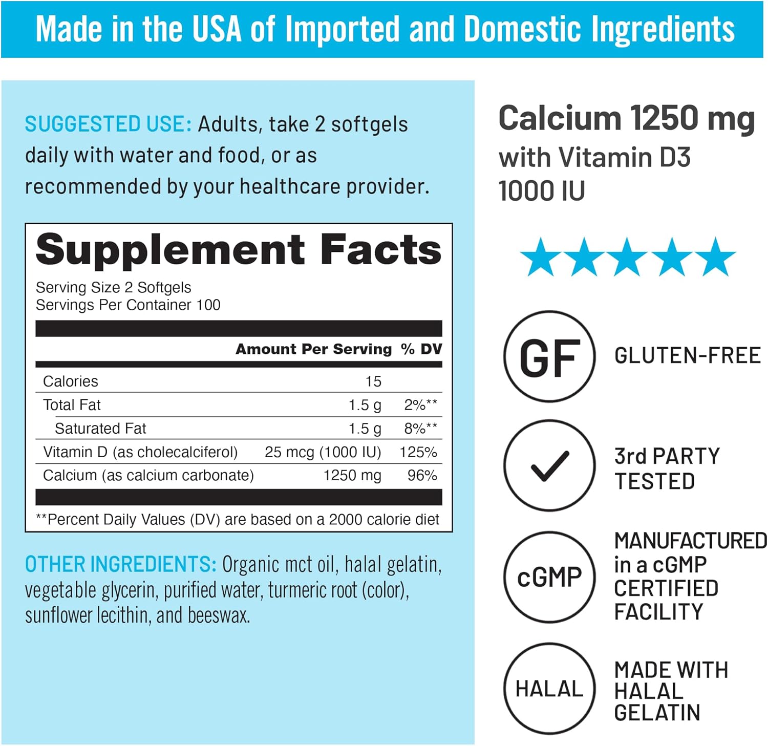 Organic MCT Coconut Oil Calcium 1250mg & Vitamin D3 1000IU Softgels - Bone Health and Immune Support - Non-GMO & Gluten Free - 200 Softgels