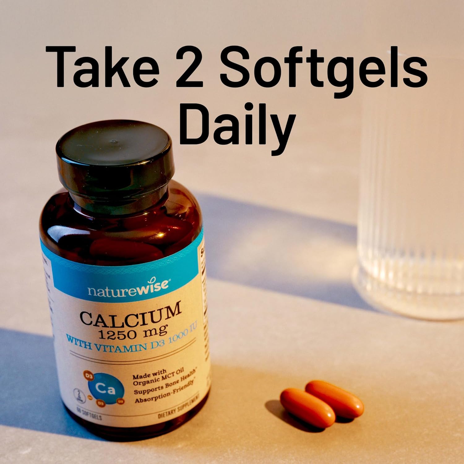 Organic MCT Coconut Oil Calcium 1250mg & Vitamin D3 1000IU Softgels - Bone Health and Immune Support - Non-GMO & Gluten Free - 200 Softgels