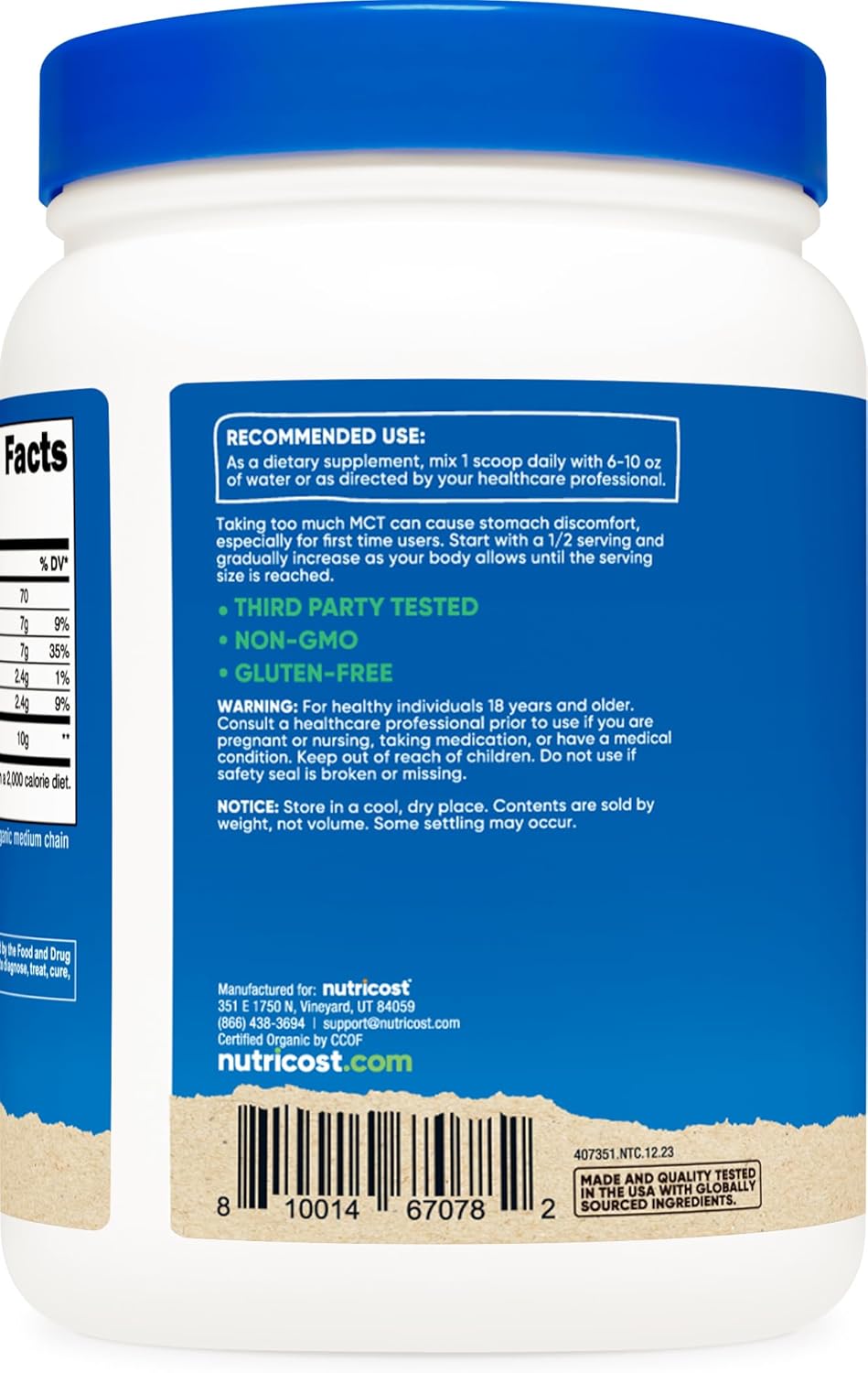 Organic MCT Oil Powder - 1 LB, Certified USDA Organic, Ideal for Keto & Ketogenic Diets, Zero Net Carbs - Nutricost