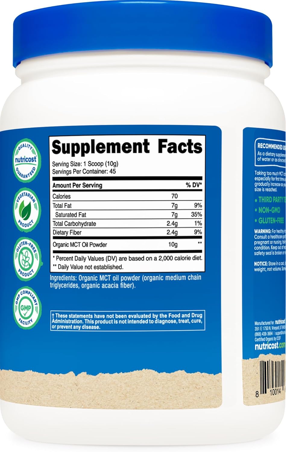 Organic MCT Oil Powder - 1 LB, Certified USDA Organic, Ideal for Keto & Ketogenic Diets, Zero Net Carbs - Nutricost