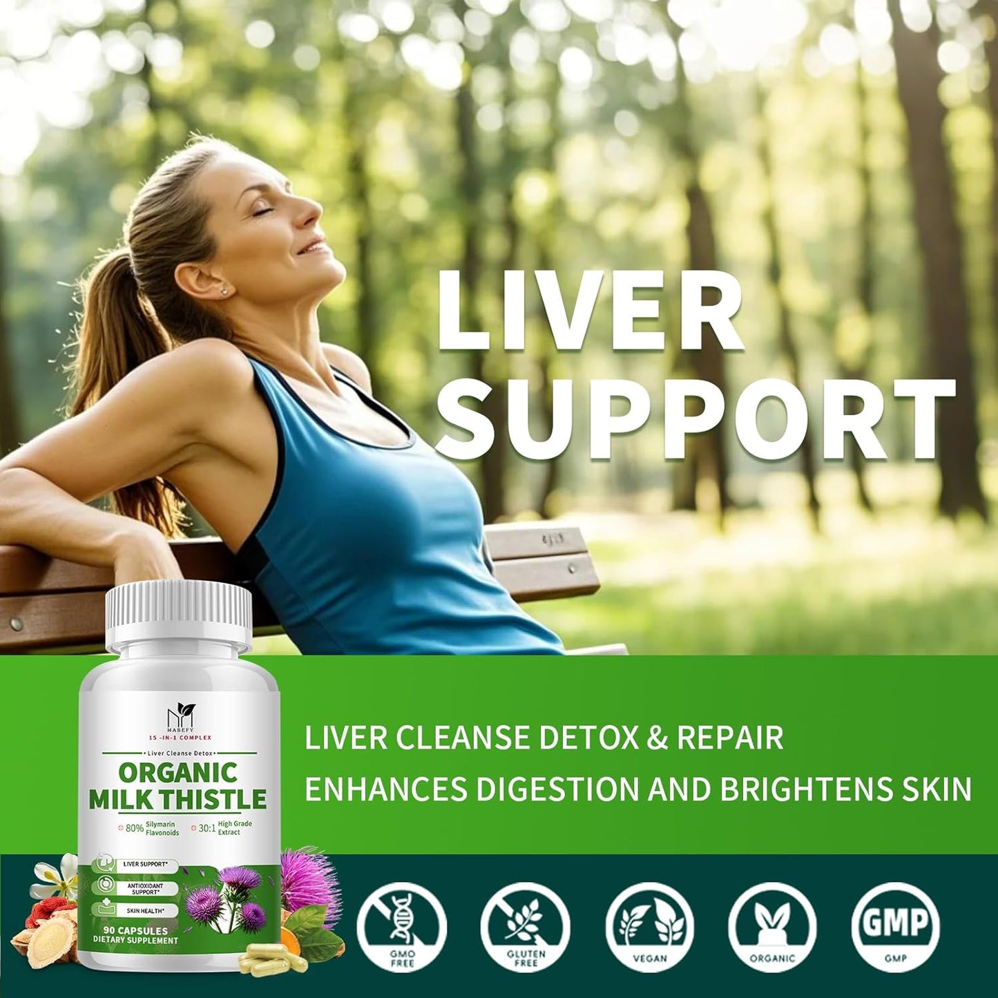 Organic Milk Thistle Extract Capsules for Liver Cleanse & Detox, 30:1 Concentration, 80% Silymarin - Artichoke Leaf, Dandelion Root, Glutathione - 90 Veg Caps