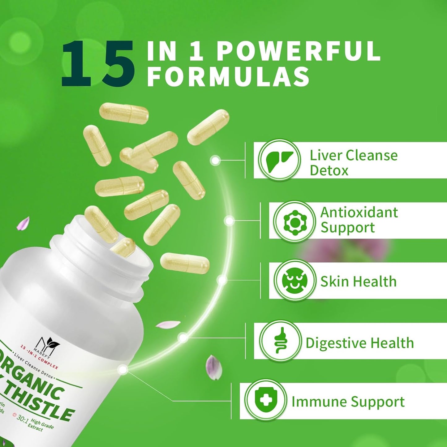 Organic Milk Thistle Extract Capsules for Liver Cleanse & Detox, 30:1 Concentration, 80% Silymarin - Artichoke Leaf, Dandelion Root, Glutathione - 90 Veg Caps