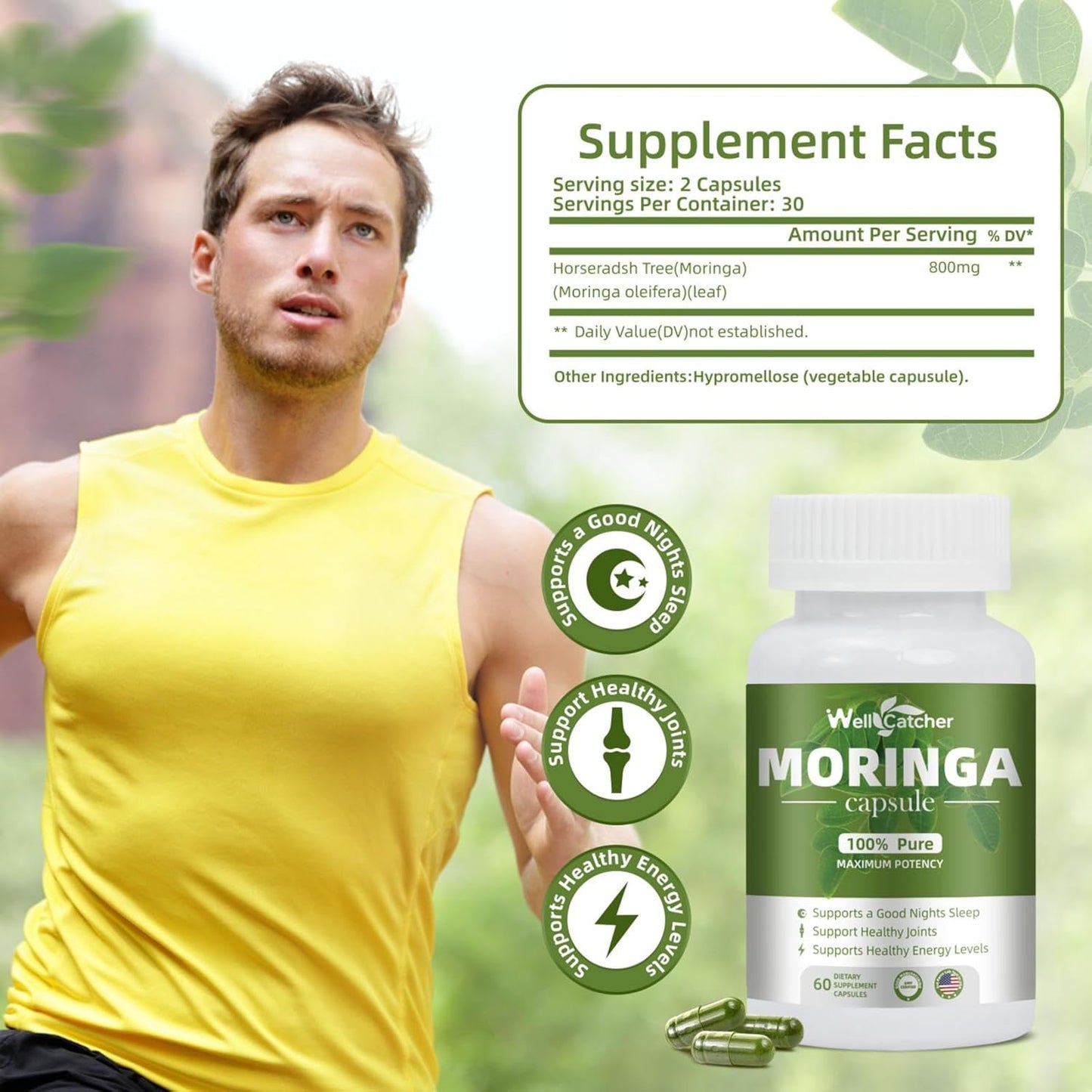 Organic Moringa Capsules - 800mg Pure Leaf Powder - Energy Booster, Immune Support, Antioxidant & Metabolism - Rich in Essential Vitamins & Amino Acids - 4 Pack