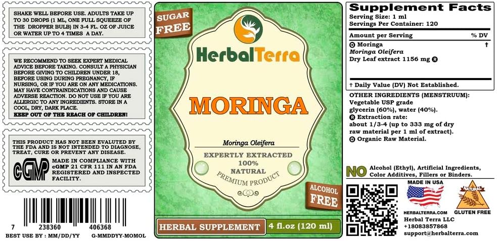 Organic Moringa Glycerite Liquid Extract by HerbalTerra - Alcohol-Free, Made in USA - 4 fl. oz (120 ml)