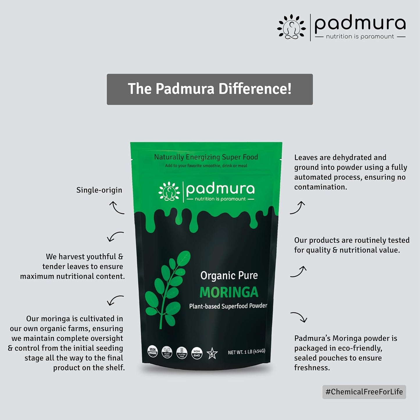 Organic Moringa Powder 16 OZ - 1 LB | USDA Certified Organic Moringa Oleifera Leaf Powder | Non-GMO Superfood | Kosher, Gluten Free, Vegan