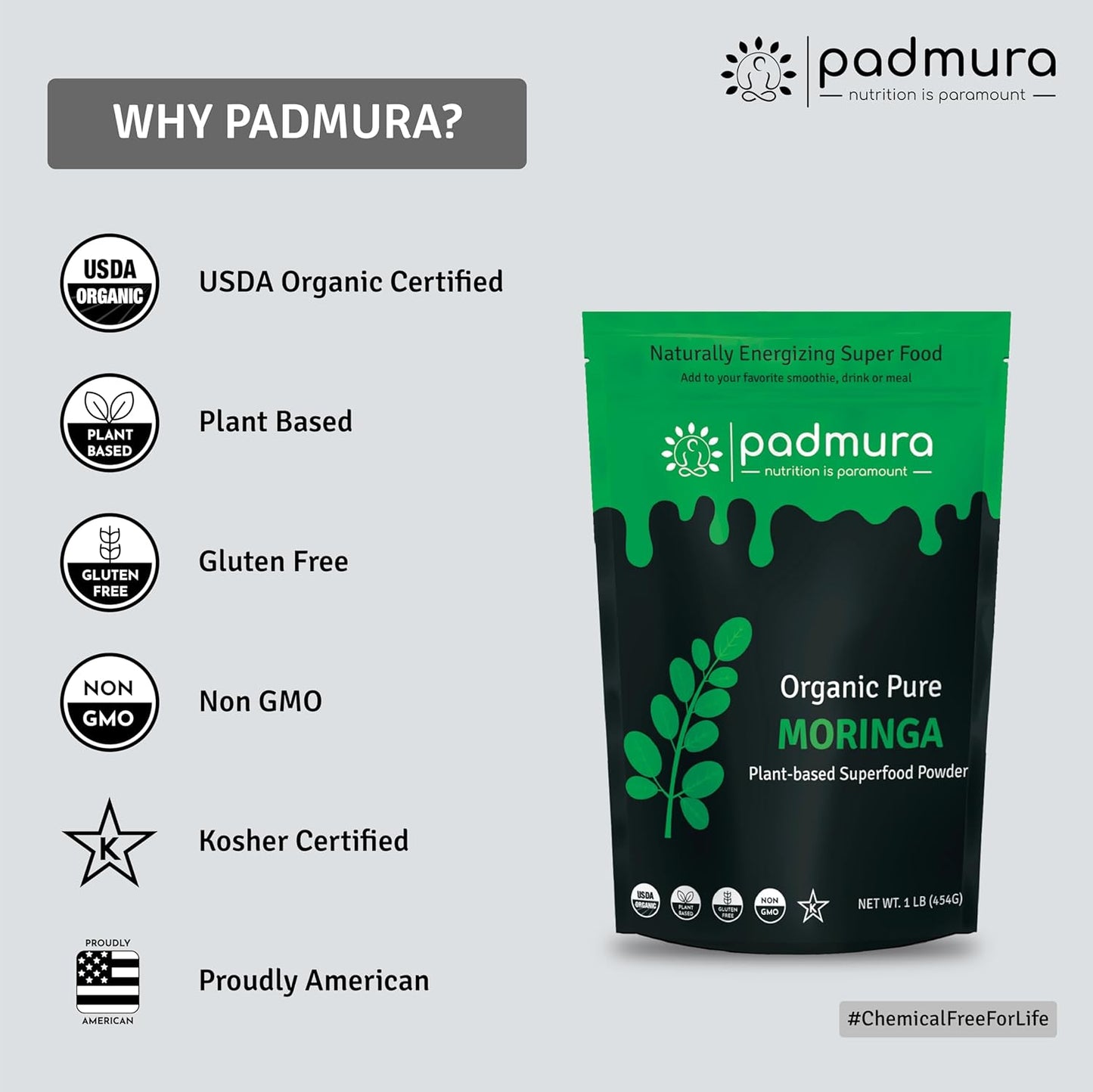 Organic Moringa Powder 16 OZ - 1 LB | USDA Certified Organic Moringa Oleifera Leaf Powder | Non-GMO Superfood | Kosher, Gluten Free, Vegan