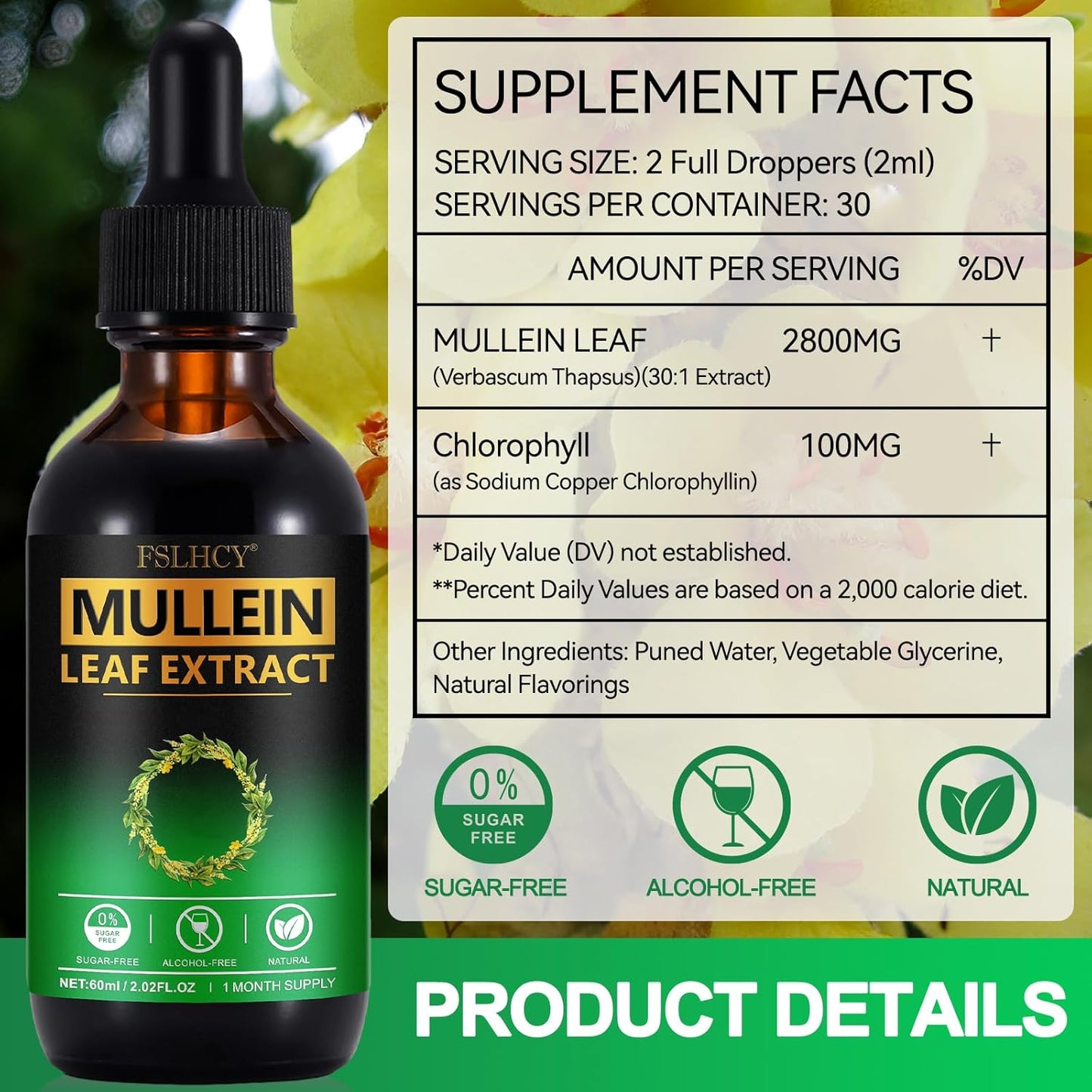Organic Mullein Leaf Extract Drops - 2 fl Oz (2 Packs) Herbal Supplement with No Additives