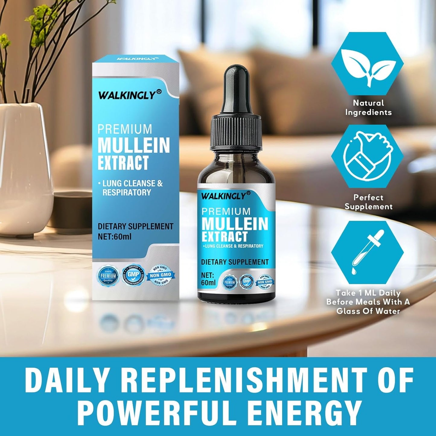 Organic Mullein Leaf Extract Drops for Lung Cleanse and Respiratory Health Support - 2 fl oz
