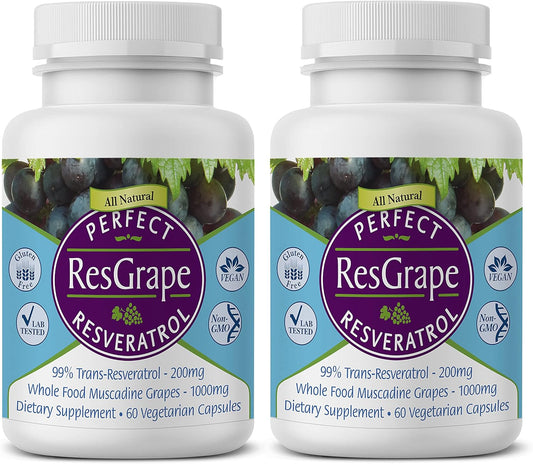 Organic Muscadine Grapes Resveratrol Capsules - 60 Count x 2 - Trans-Resveratrol Supplement by Perfect Supplements