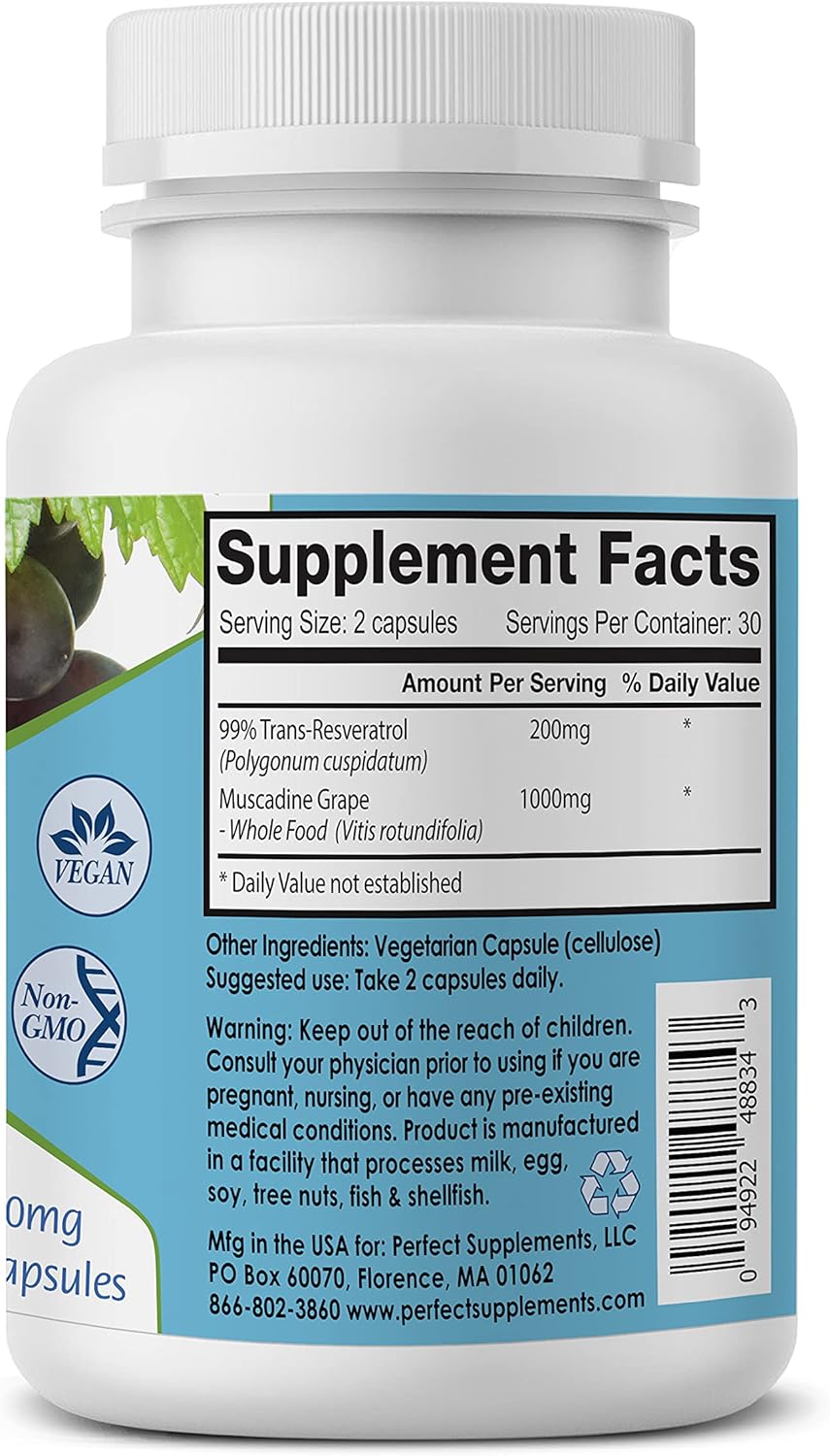 Organic Muscadine Grapes Resveratrol Capsules - 60 Count x 2 - Trans-Resveratrol Supplement by Perfect Supplements
