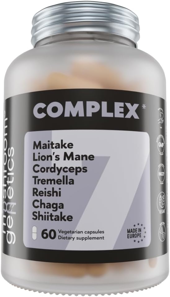 Organic Mushroom Complex 7 Supplement for Immune Support, Focus & Energy - Reishi, Lions Mane, Cordyceps, Shiitake, Chaga, Maitake & Tremella | 60 Capsules