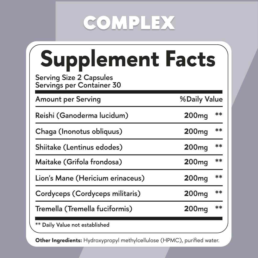 Organic Mushroom Complex 7 Supplement for Immune Support, Focus & Energy - Reishi, Lions Mane, Cordyceps, Shiitake, Chaga, Maitake & Tremella | 60 Capsules