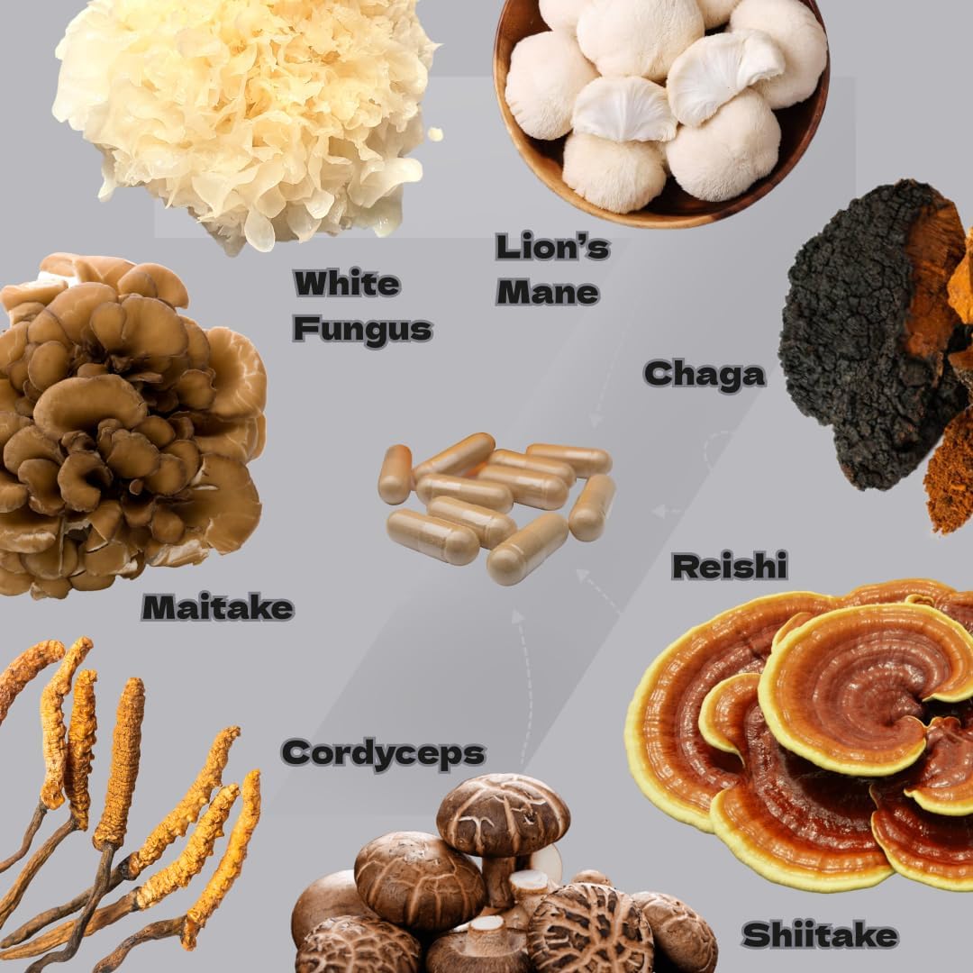 Organic Mushroom Complex 7 Supplement for Immune Support, Focus & Energy - Reishi, Lions Mane, Cordyceps, Shiitake, Chaga, Maitake & Tremella | 60 Capsules