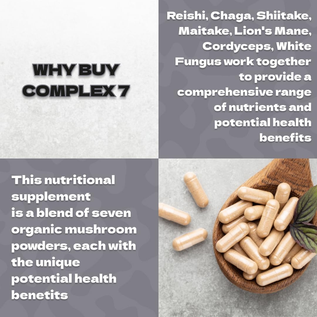 Organic Mushroom Complex 7 Supplement for Immune Support, Focus & Energy - Reishi, Lions Mane, Cordyceps, Shiitake, Chaga, Maitake & Tremella | 60 Capsules