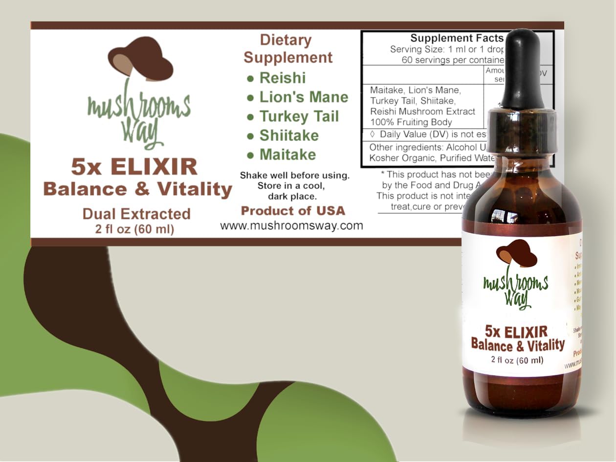 Organic Mushroom Elixir Blend - Reishi, Lions Mane, Turkey Tail, Shiitake, Maitake - Immune Support - Non-GMO, Gluten Free, Vegan - 2 Fl Oz