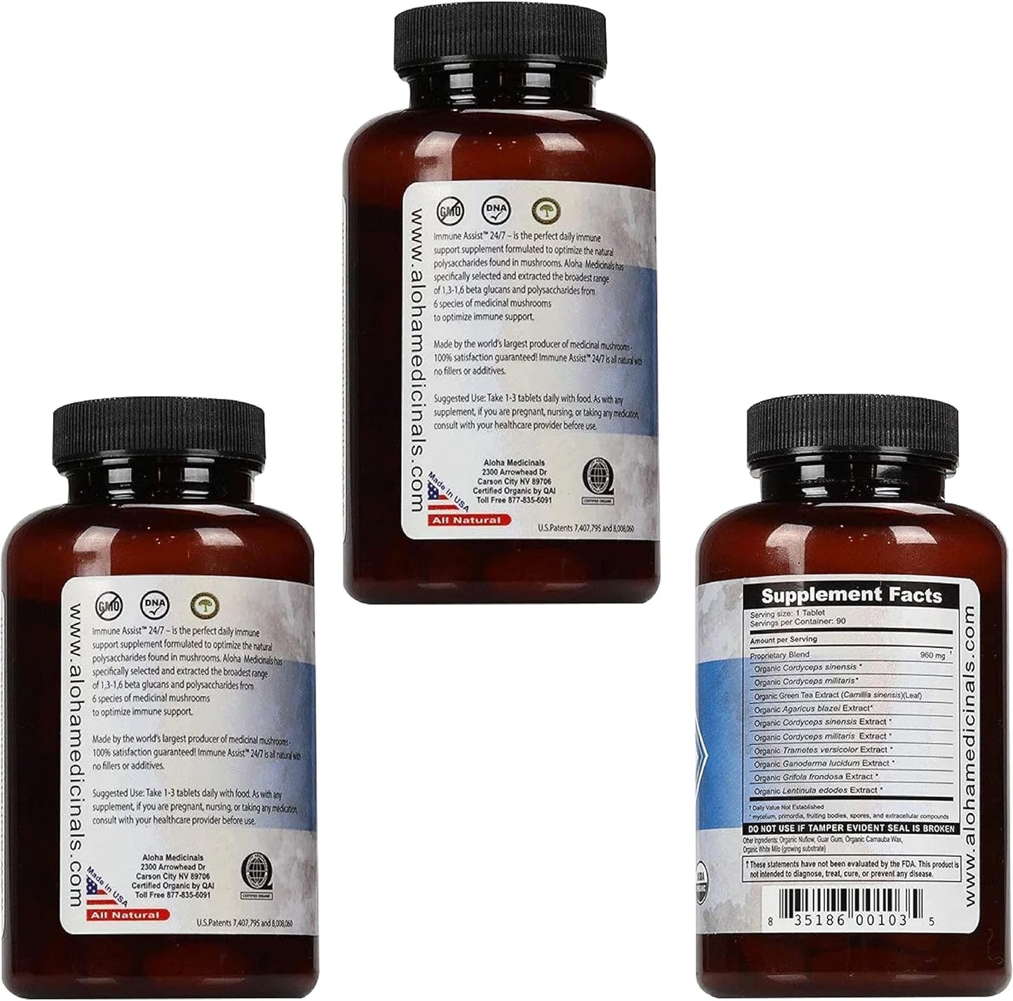 Organic Mushroom Immune Support Supplement - Aloha Medicinals Immune Assist 24/7, 90 Tablets x 3 Pack