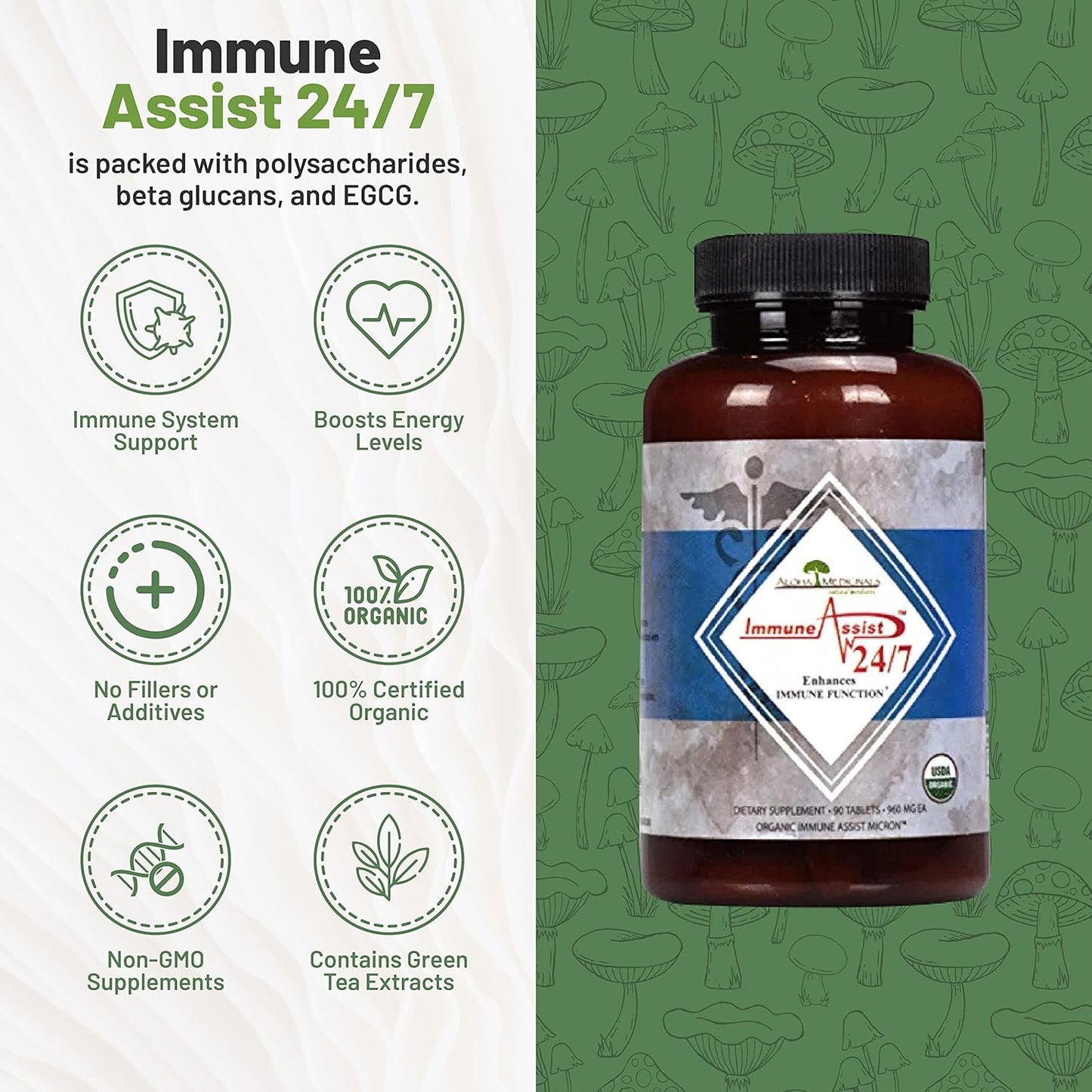 Organic Mushroom Immune Support Supplement - Aloha Medicinals Immune Assist 24/7, 90 Tablets x 3 Pack