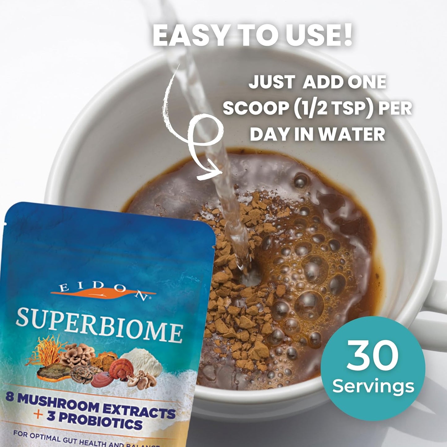 Organic Mushroom Probiotics Powder Blend with Reishi, Chaga, Lion's Mane - 30 Servings