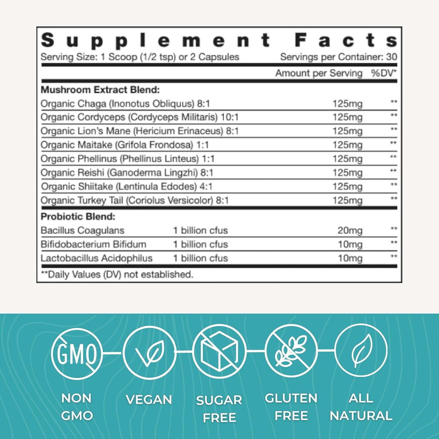 Organic Mushroom Probiotics Powder Blend with Reishi, Chaga, Lion's Mane - 30 Servings