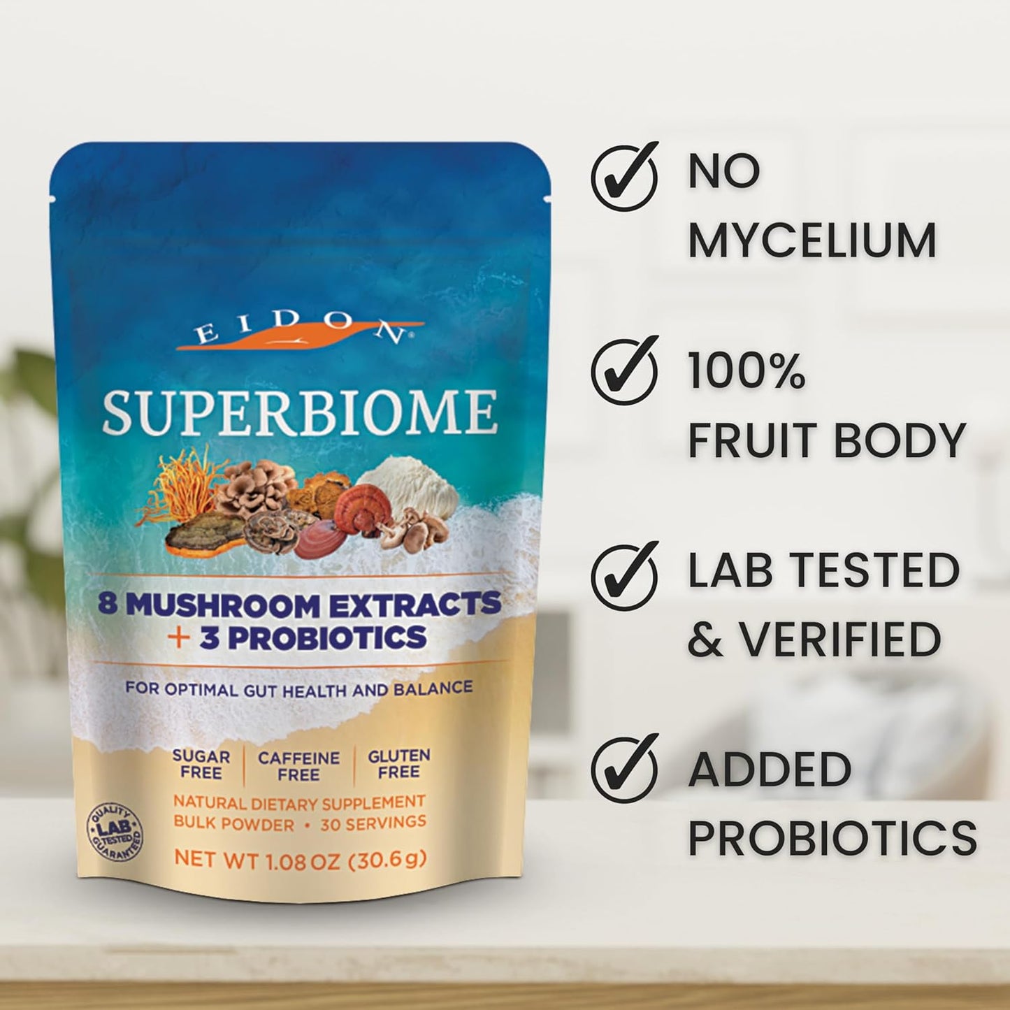 Organic Mushroom Probiotics Powder Blend with Reishi, Chaga, Lion's Mane - 30 Servings