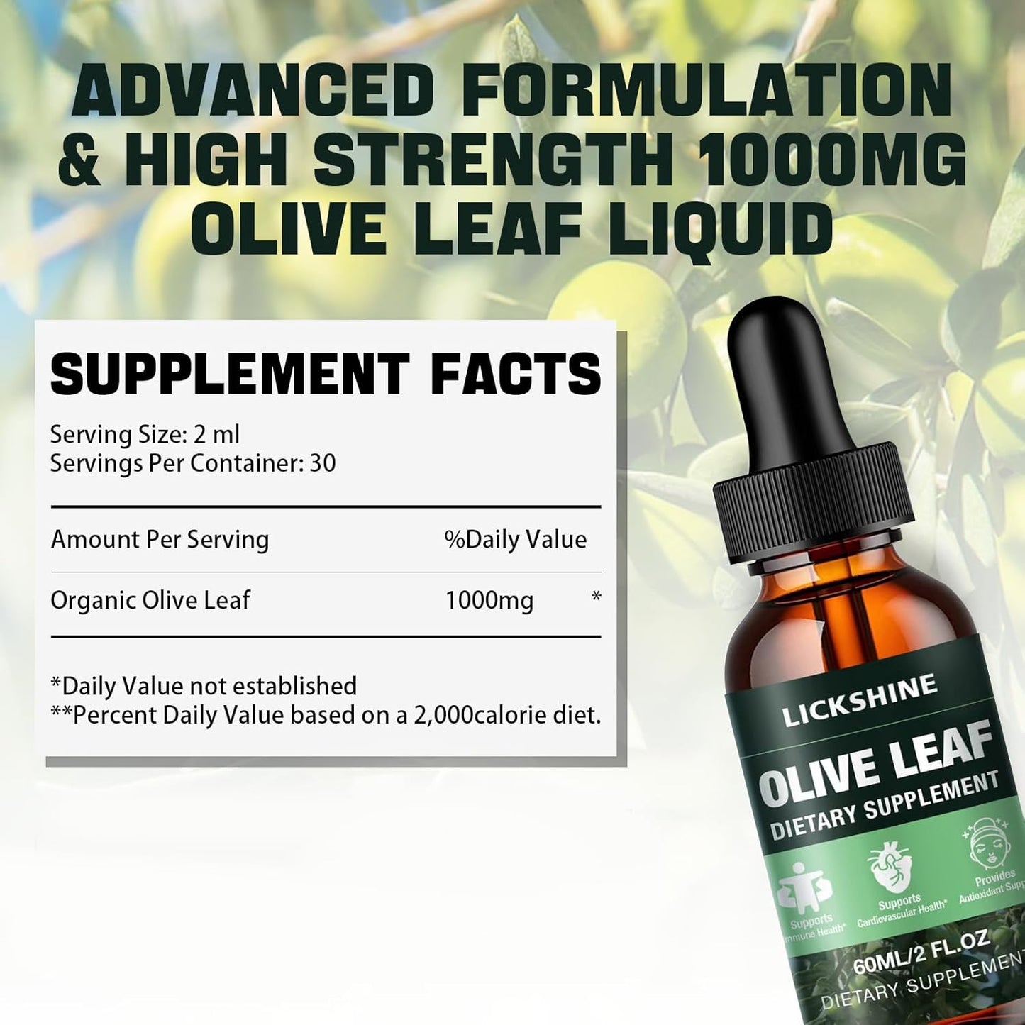 Organic Olive Leaf Liquid Extract 1000MG - Immune & Heart Support Supplement - Vegan, Non-GMO, Gluten-Free - 2 Fl Oz Bottle for Better Absorption
