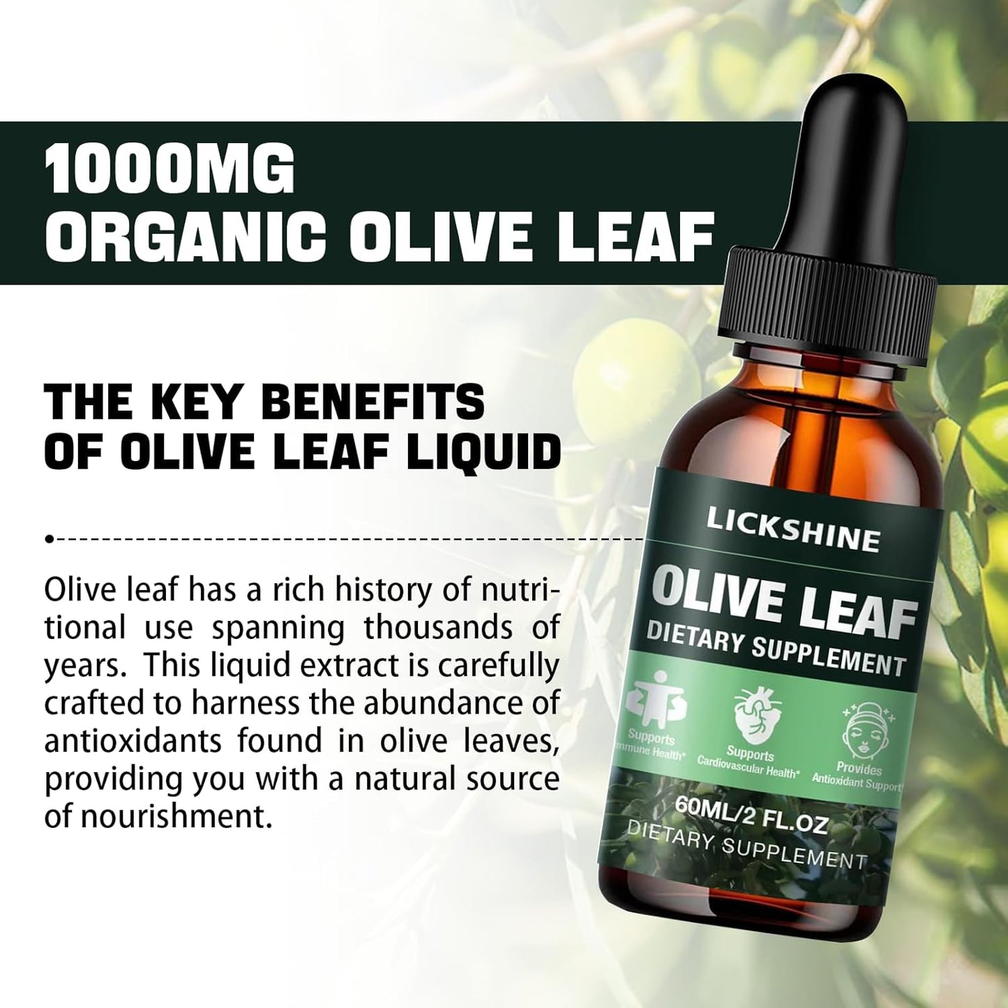 Organic Olive Leaf Liquid Extract 1000MG - Immune & Heart Support Supplement - Vegan, Non-GMO, Gluten-Free - 2 Fl Oz Bottle for Better Absorption