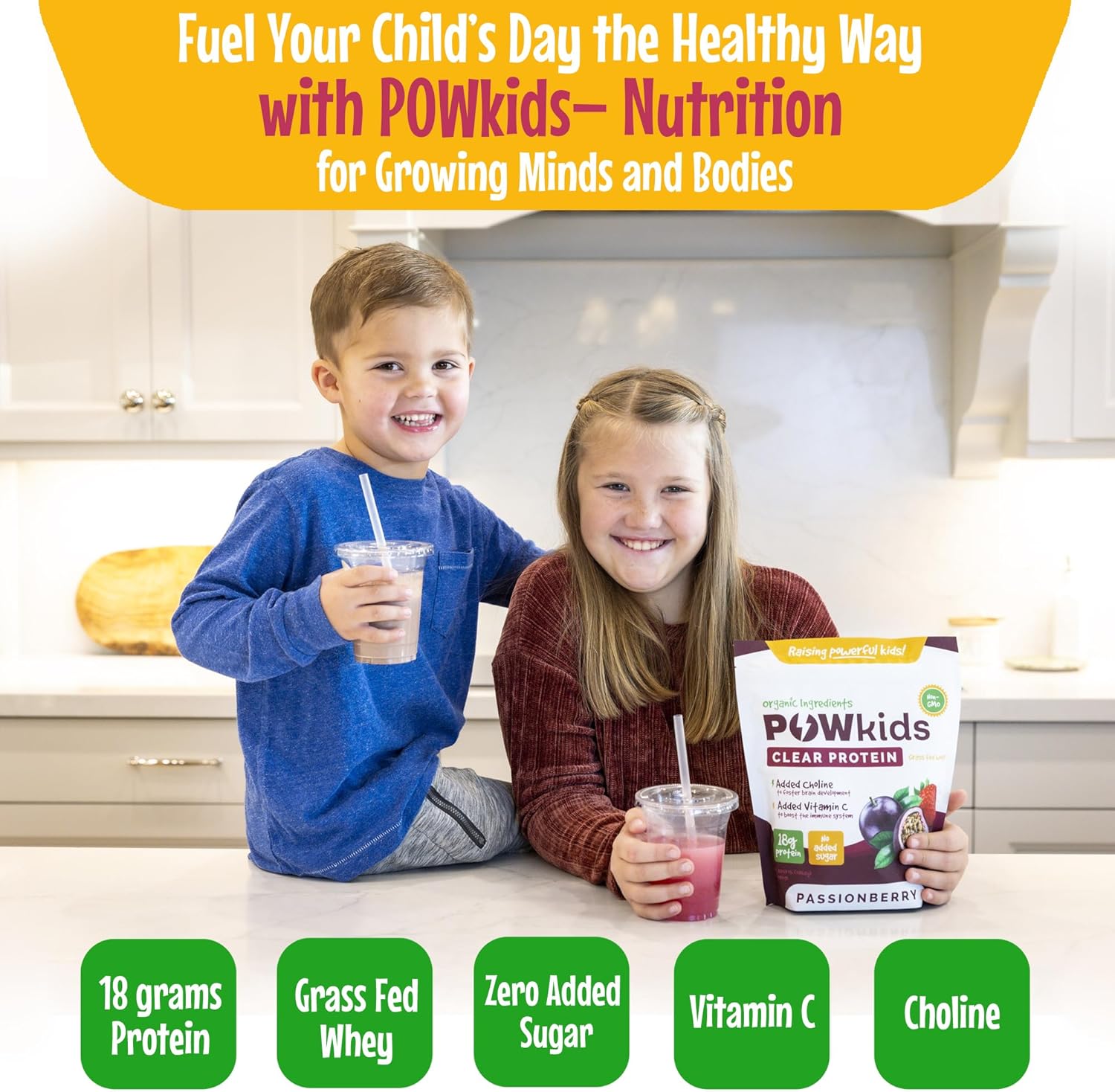 Organic Passionberry Kids Protein Powder with Grass-Fed Whey - No Added Sugar - Calcium and Choline for Bone Strength & Brain Development