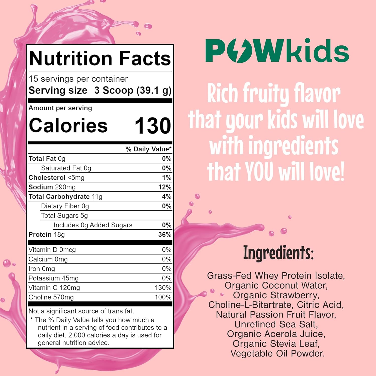 Organic Passionberry Kids Protein Powder with Grass-Fed Whey - No Added Sugar - Calcium and Choline for Bone Strength & Brain Development