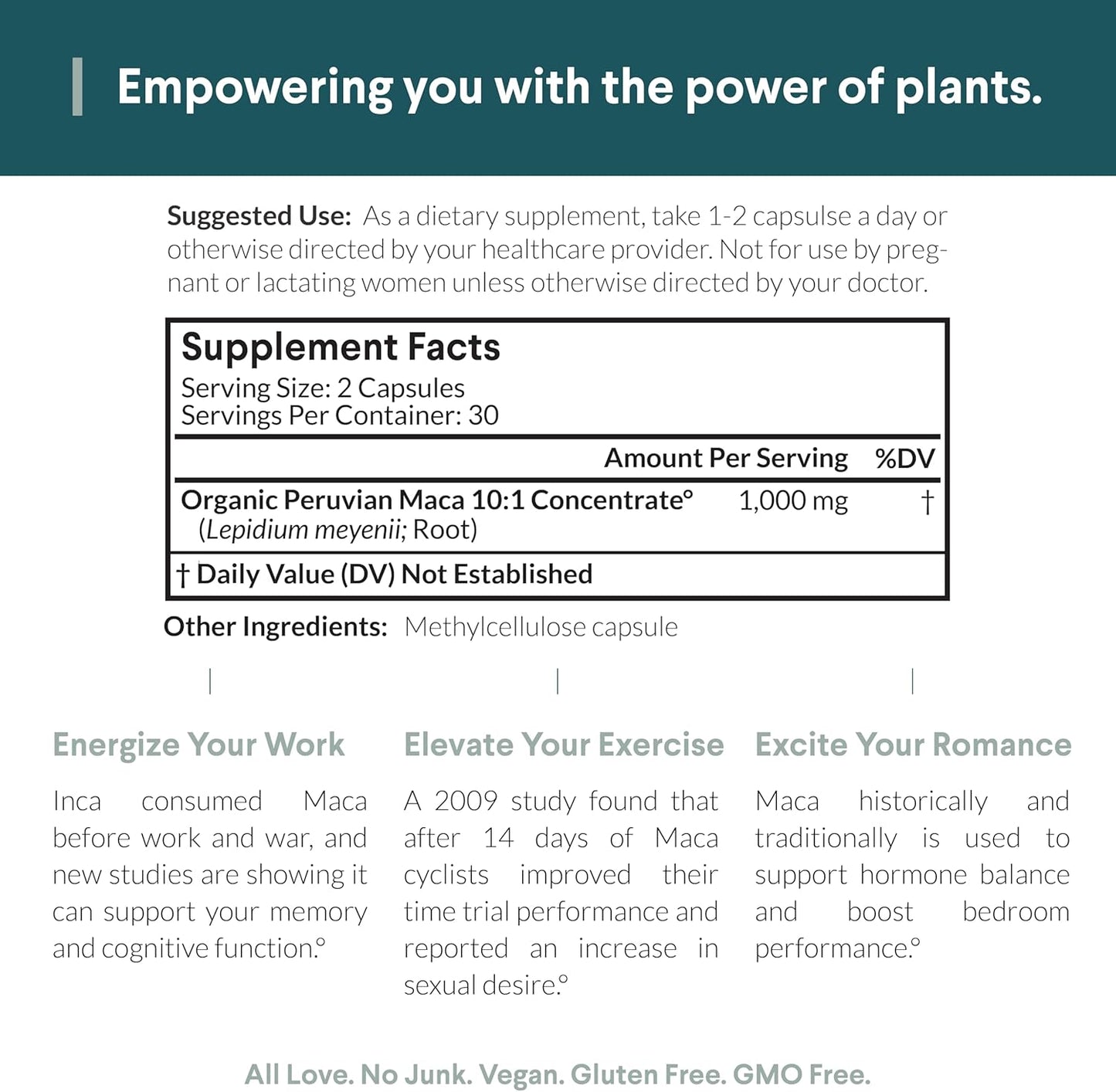 Organic Peruvian Maca Root Capsules - 10:1 Concentration, Vegan Supplement - 60 ct.