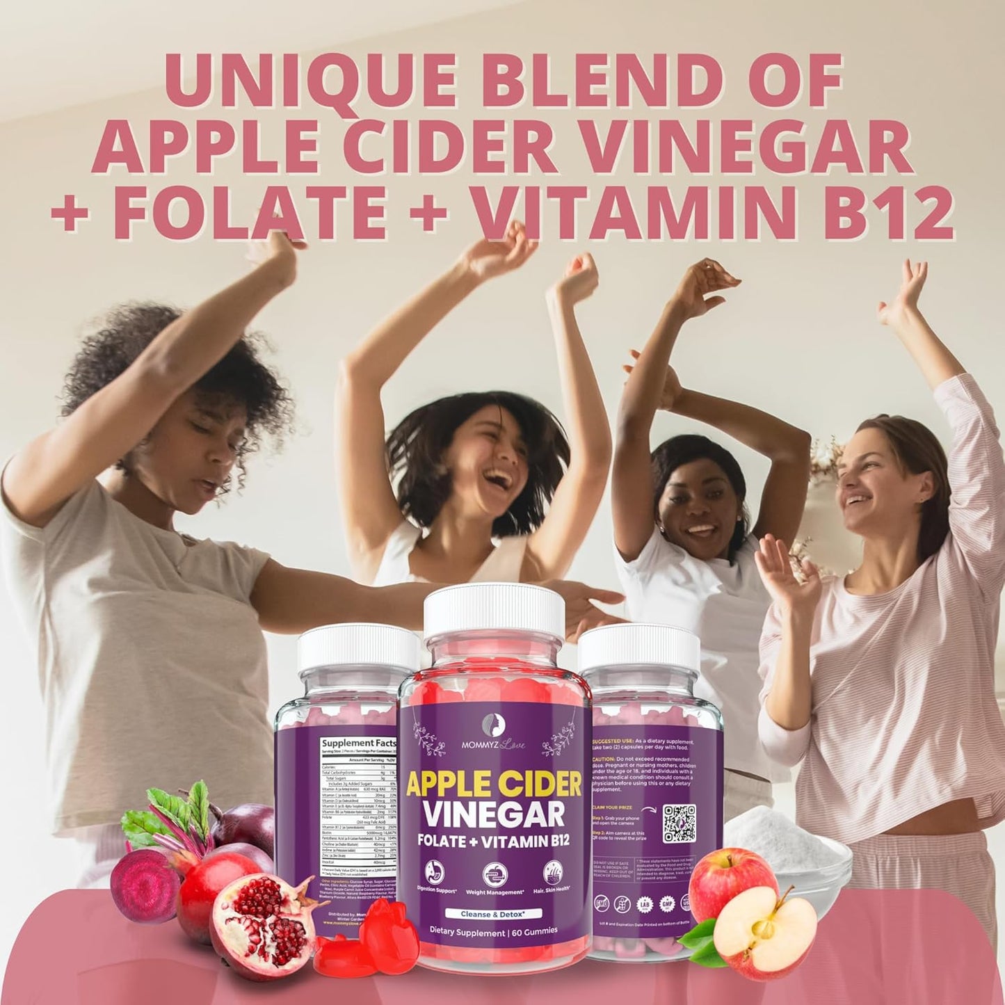 Organic Post Natal Vitamins for Breast Milk Supply Increase and Energy Boost - Apple Cider Vinegar Gummies with Folate and Vitamin B12 for Digestion and Radiant Hair & Skin