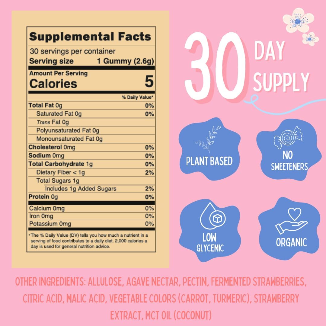 Organic Prebiotic & Postbiotic Gummy Vitamins for Kids & Adults, Sugar-Free Allulose, Fermented Strawberry, Gut Health Support