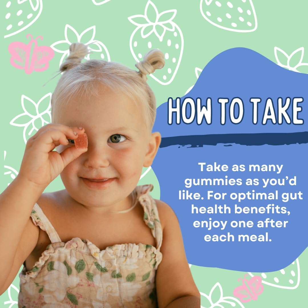 Organic Prebiotic & Postbiotic Gummy Vitamins for Kids & Adults, Sugar-Free Allulose, Fermented Strawberry, Gut Health Support