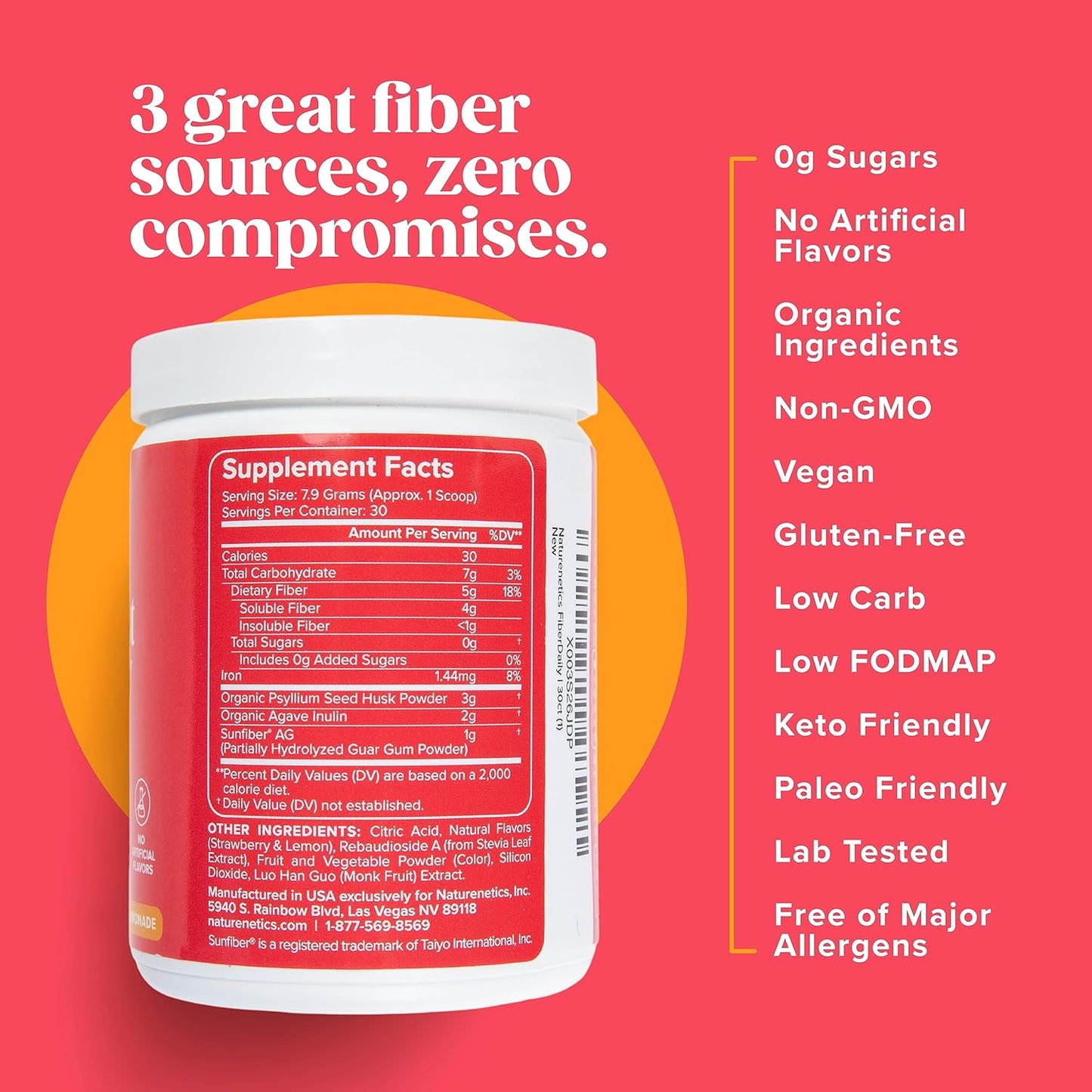 Organic Psyllium Husk Fiber Powder with Agave Inulin & Sunfiber® Guar Gum - Strawberry Lemonade Drink, Sugar-Free, Soluble & Prebiotic Fiber Supplement - Vegan - 1 Month Supply