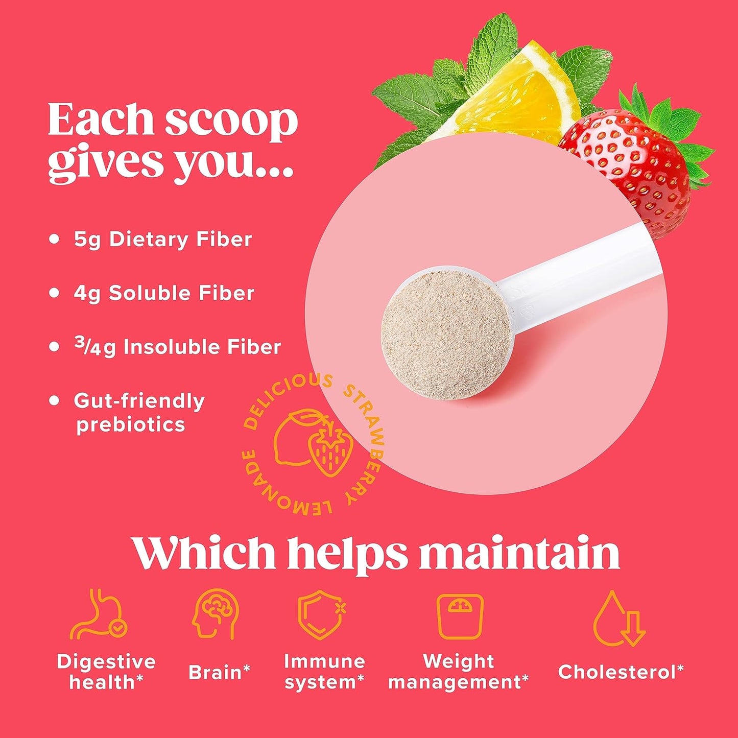 Organic Psyllium Husk Fiber Powder with Agave Inulin & Sunfiber® Guar Gum - Strawberry Lemonade Drink, Sugar-Free, Soluble & Prebiotic Fiber Supplement - Vegan - 1 Month Supply