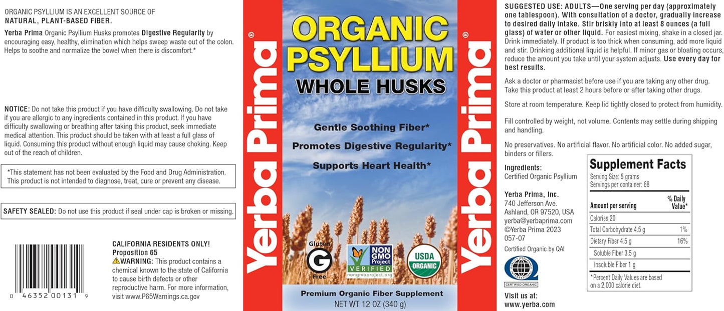 Organic Psyllium Whole Husks by Yerba Prima - 12 oz, Non GMO, Certified Organic Fiber Supplement