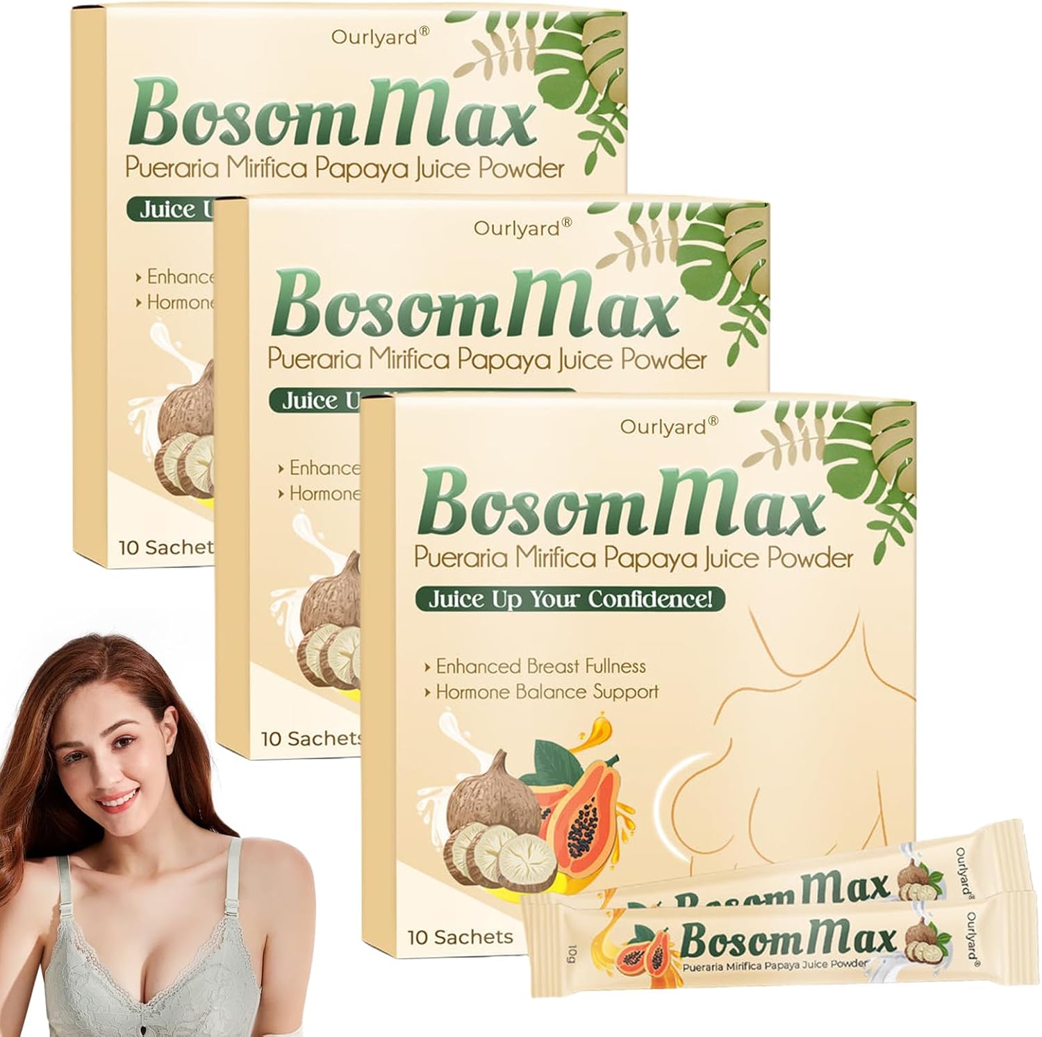 Organic Pueraria-Mirifica Papaya Juice Powder for Women - Everyday Chest Care - Concentrated Kudzu Root - 100% Natural - 10g Sachet, 10pcs Box