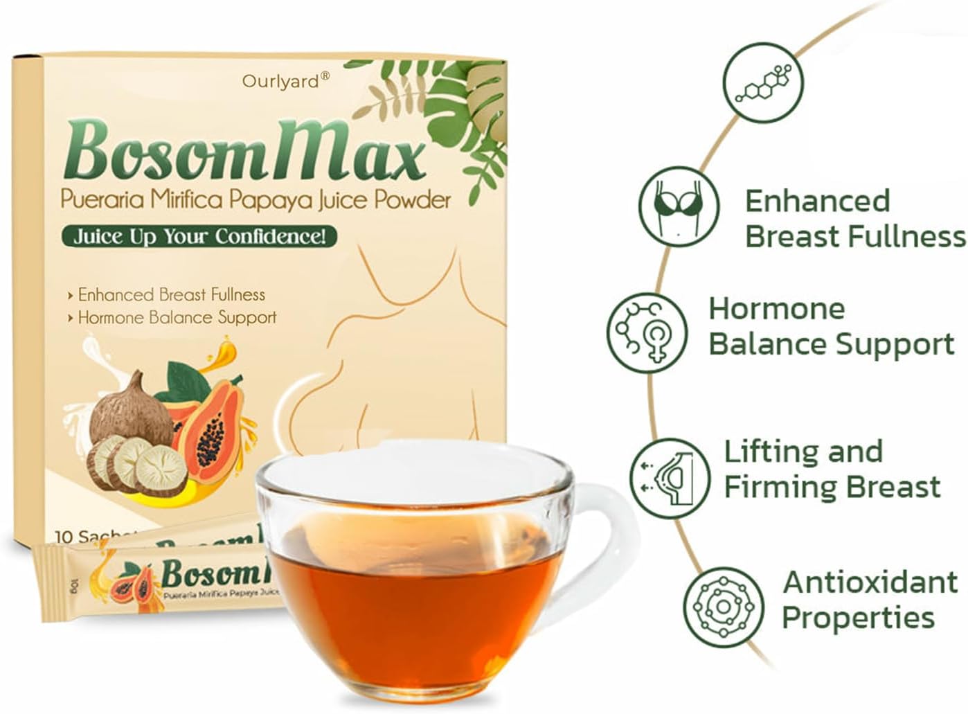 Organic Pueraria-Mirifica Papaya Juice Powder for Women - Everyday Chest Care - Concentrated Kudzu Root - 100% Natural - 10g Sachet, 10pcs Box