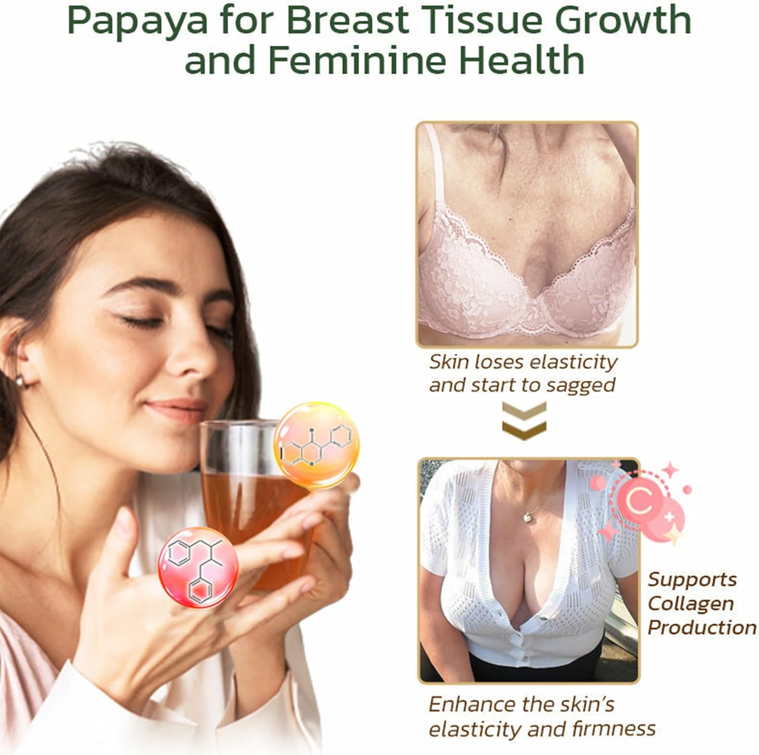 Organic Pueraria-Mirifica Papaya Juice Powder for Women - Everyday Chest Care - Concentrated Kudzu Root - 100% Natural - 10g Sachet, 10pcs Box